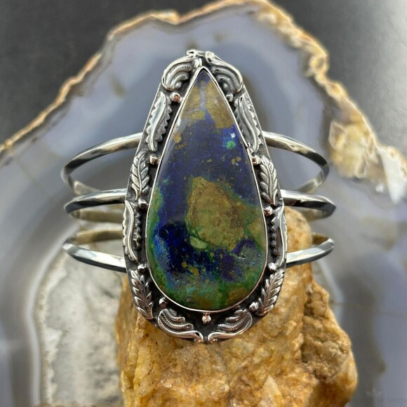 Sterling Southwestern Style Large Teardrop Azurite Malachite Bracelet For Women - Picture 4 of 10